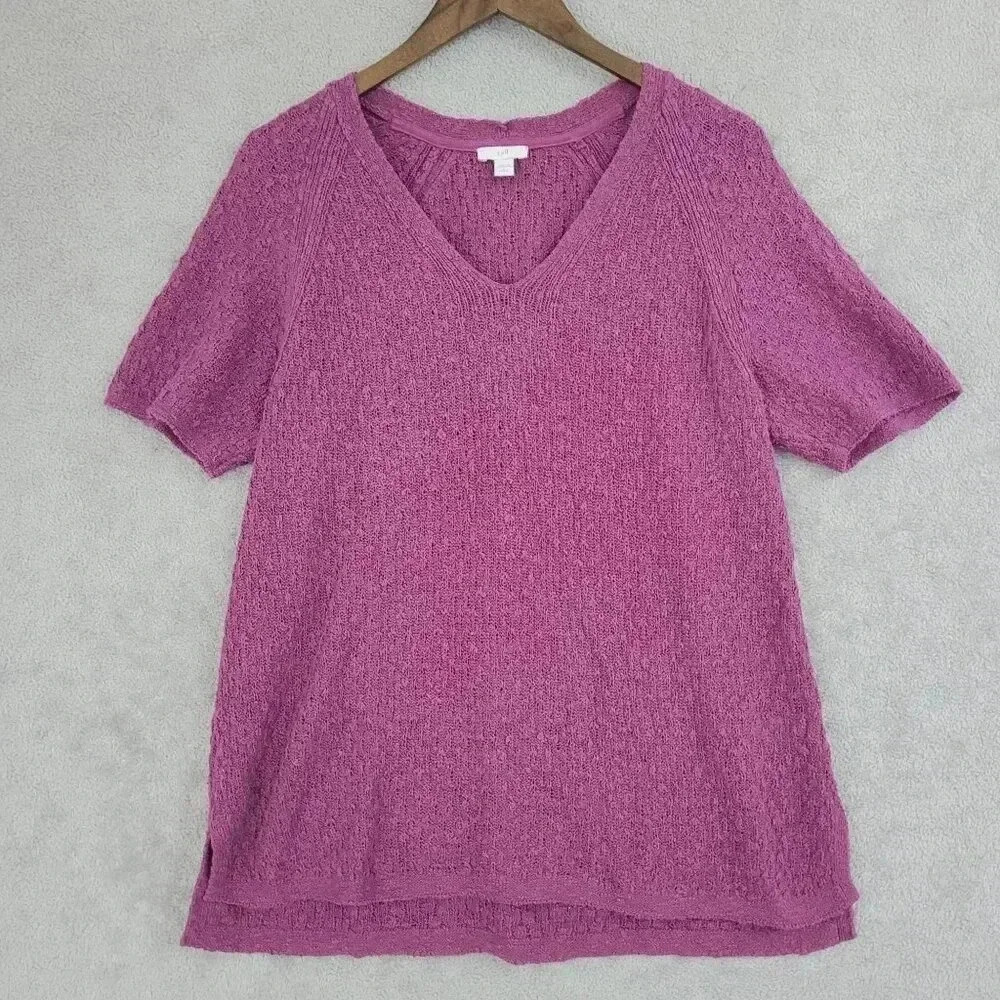 J. Jill Womens V-Neck Textured Knit Top L Petite Purple Cotton/Acrylic  5CT